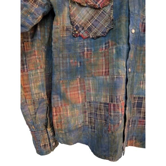 Custom Distresssed Studded Yolk Patchwork Madras Plaid Western Shirt - Picture 5 of 9